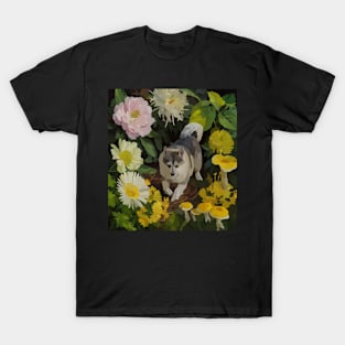 watercolor flowers surrounding a wild Kishu T-Shirt